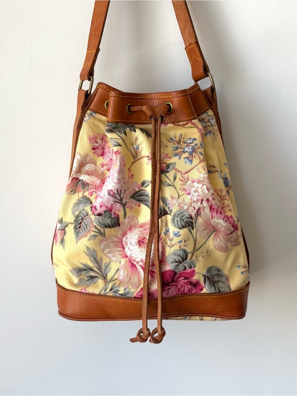 Vintage 80s Ralph Lauren Yellow Floral Drawstring Bucket Bag Leather Canvas Tote